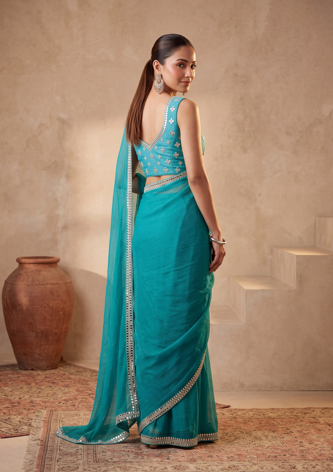 Turquoise Blue Georgette  Mirrorwork Saree With Matching Blouse Piece
