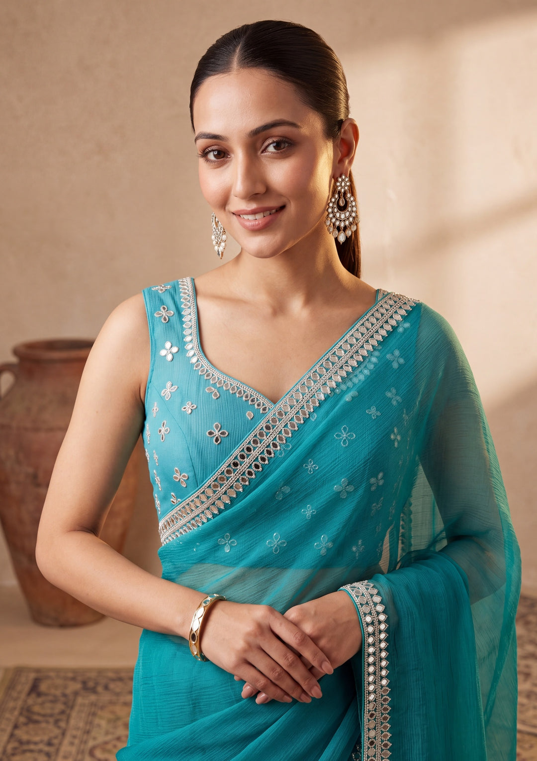 Turquoise Blue Georgette  Mirrorwork Saree With Matching Blouse Piece