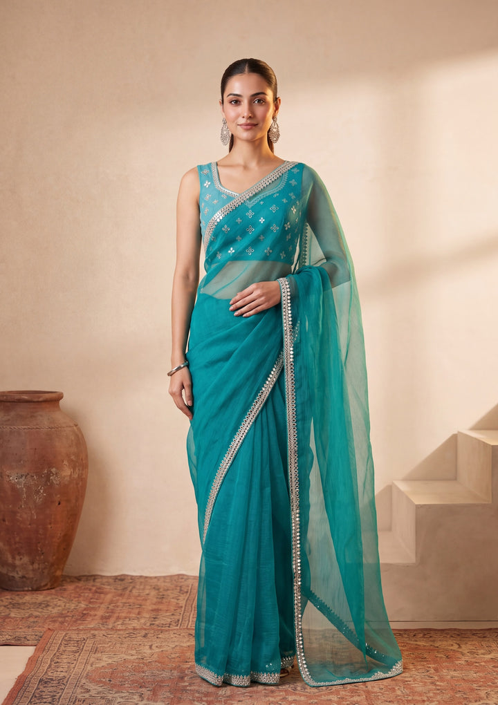 Turquoise Blue Georgette  Mirrorwork Saree With Matching Blouse Piece