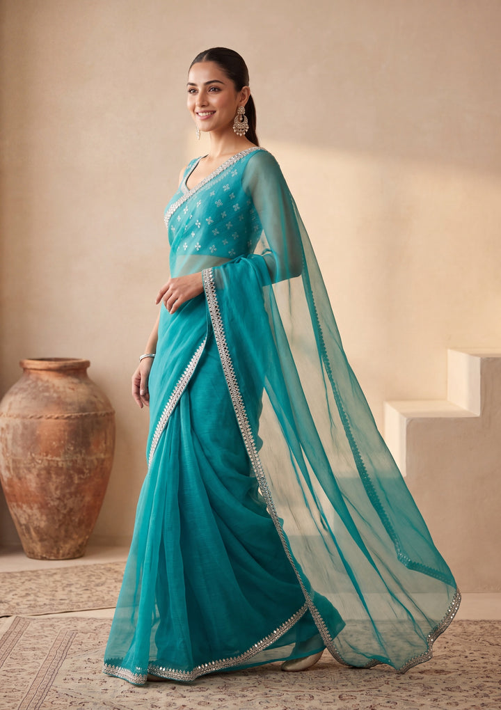 Turquoise Blue Georgette  Mirrorwork Saree With Matching Blouse Piece