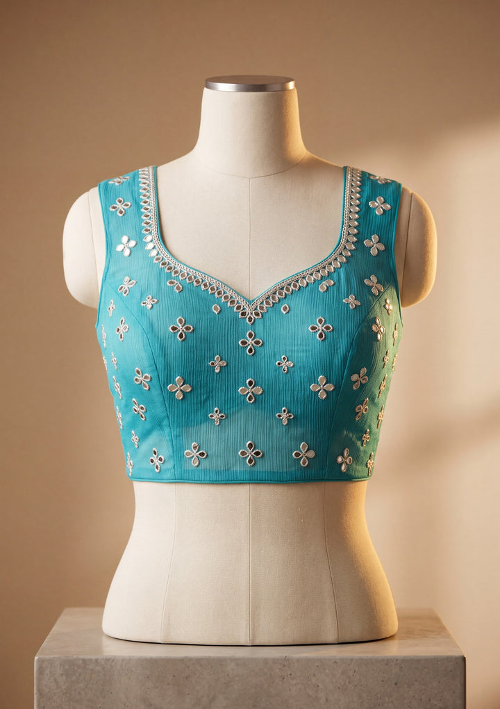 Turquoise Blue Georgette  Mirrorwork Saree With Matching Blouse Piece