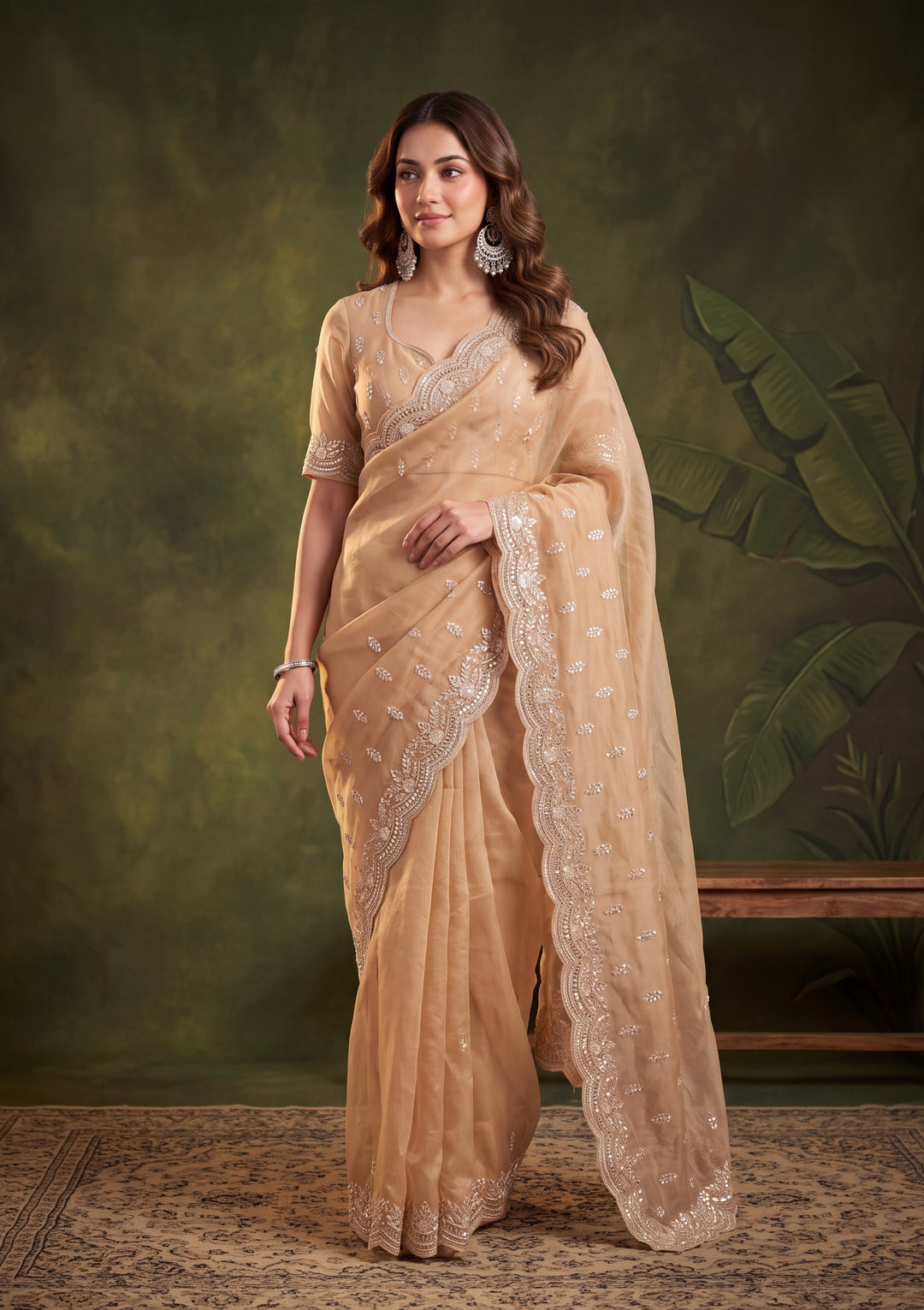 Beige Tissue Aariwork Saree With Matching Blouse Piece