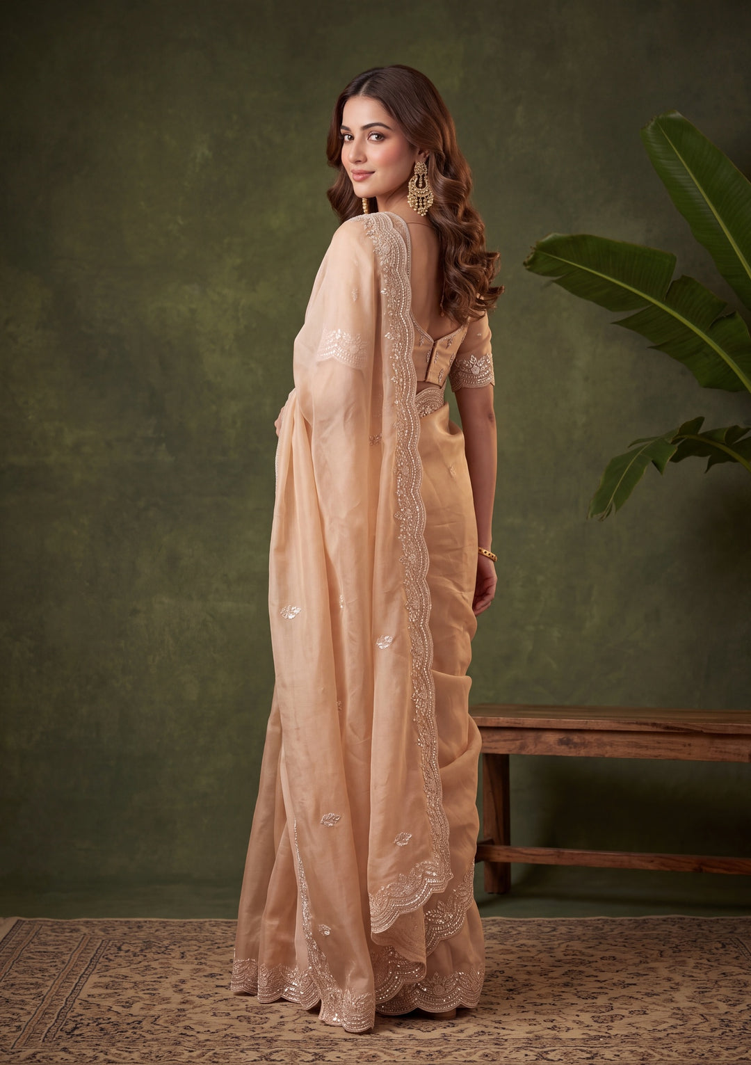 Beige Tissue Aariwork Saree With Matching Blouse Piece