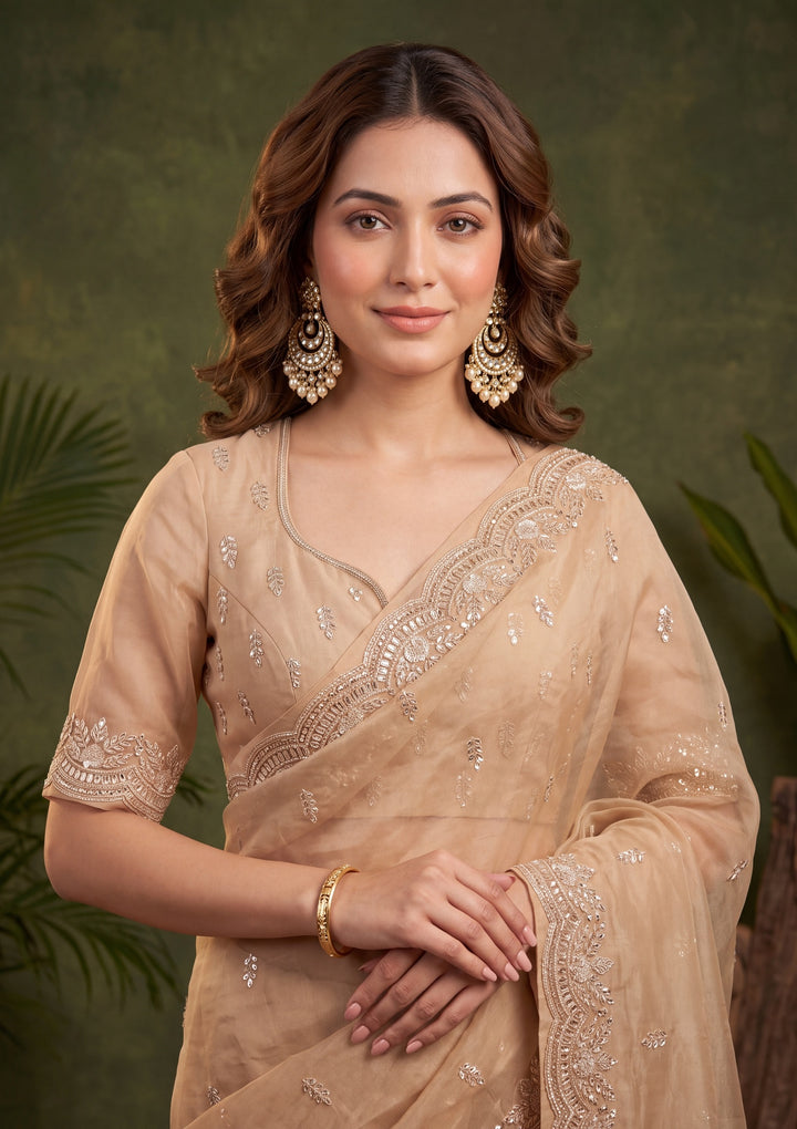 Beige Tissue Aariwork Saree With Matching Blouse Piece