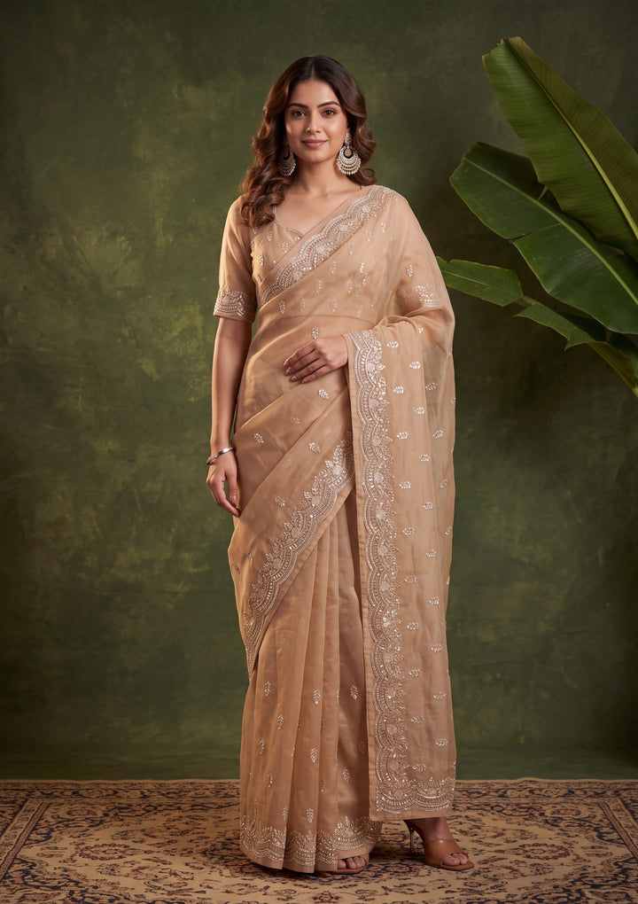 Beige Tissue Aariwork Saree With Matching Blouse Piece