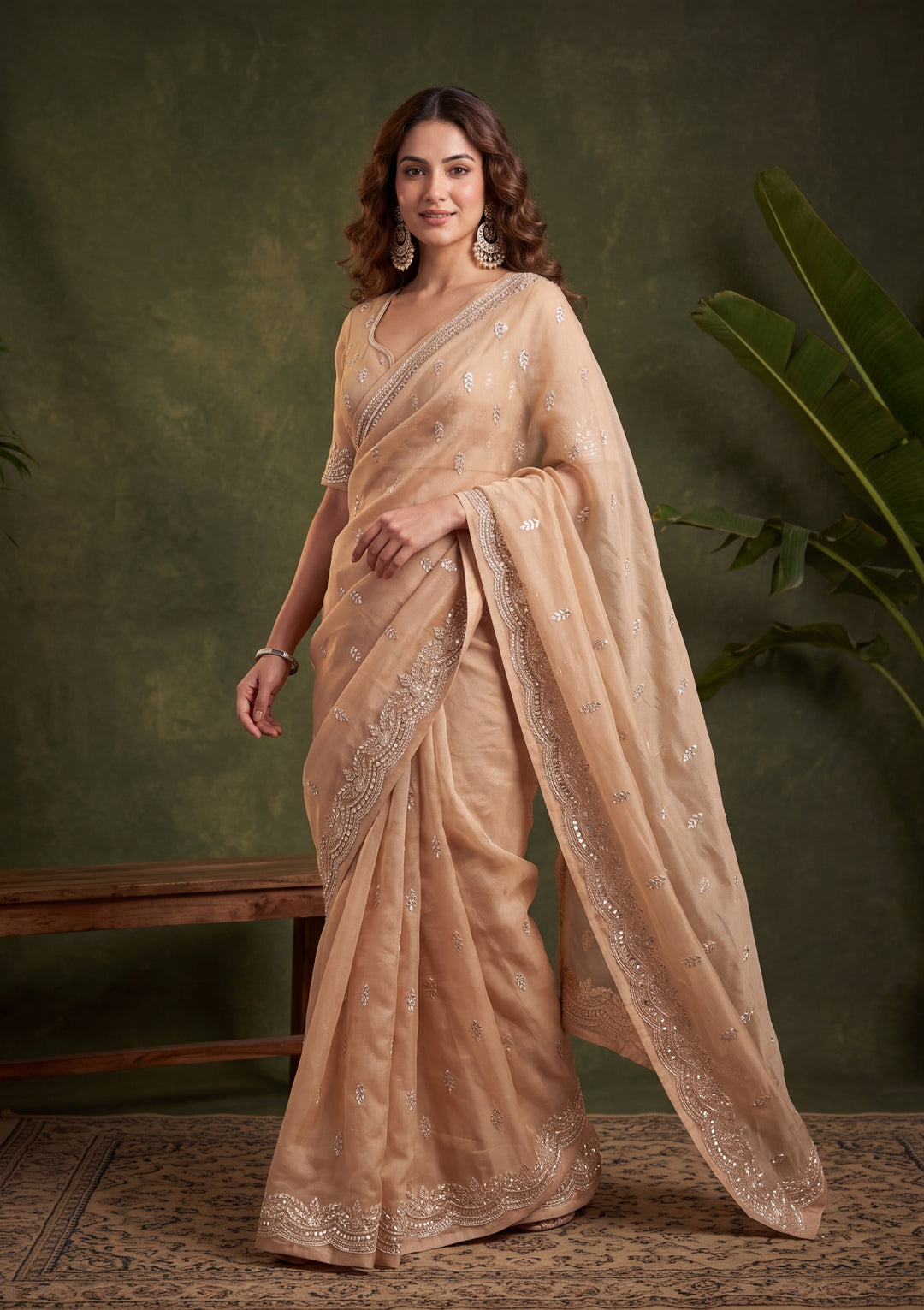Beige Tissue Aariwork Saree With Matching Blouse Piece