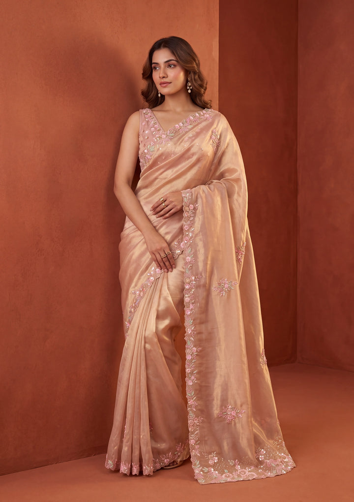 Baby Pink Tissue Aariwork Saree With Matching Blouse Piece
