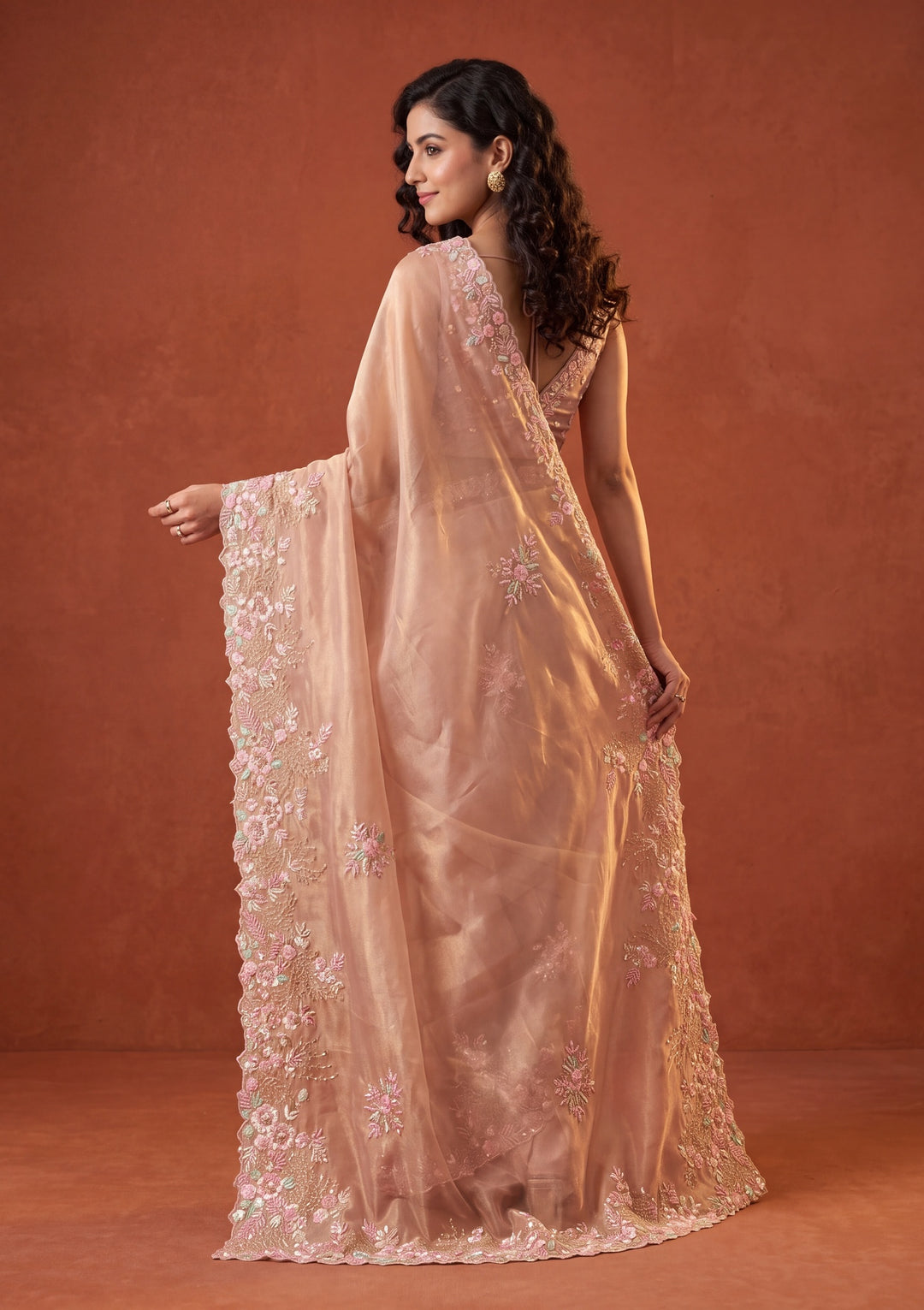 Baby Pink Tissue Aariwork Saree With Matching Blouse Piece