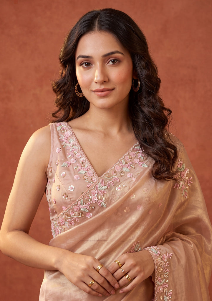 Baby Pink Tissue Aariwork Saree With Matching Blouse Piece