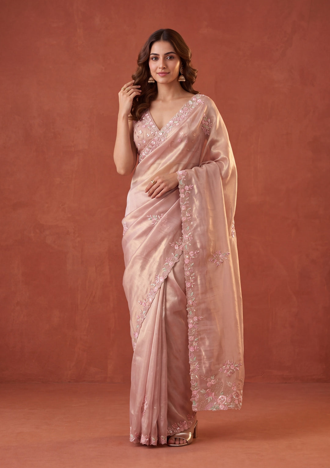 Baby Pink Tissue Aariwork Saree With Matching Blouse Piece