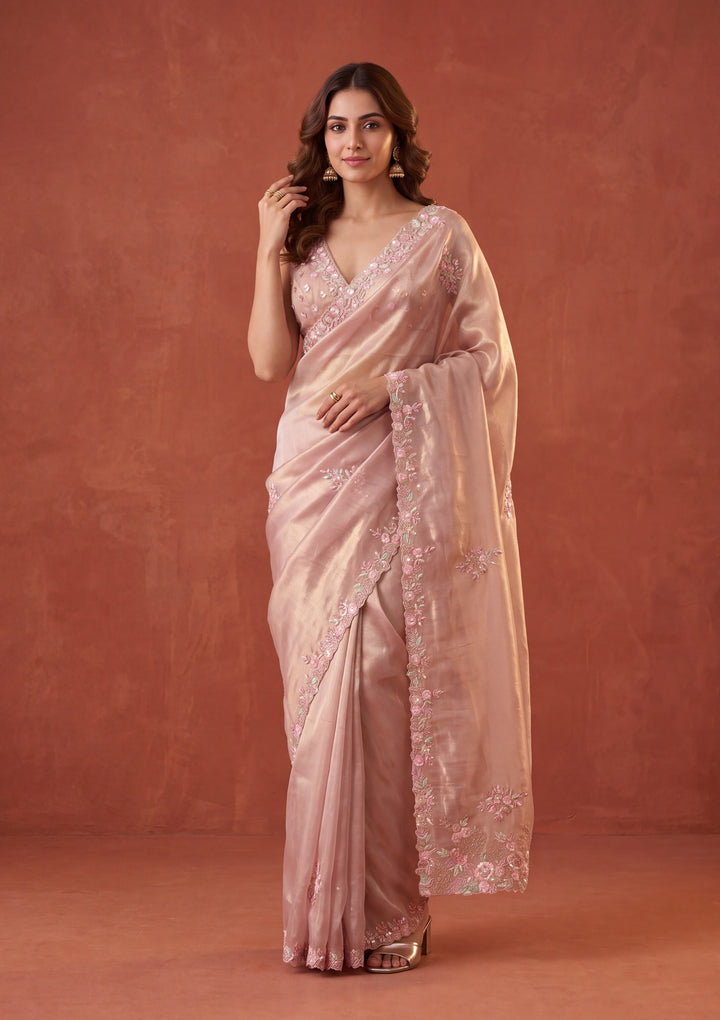 Baby Pink Tissue Aariwork Saree With Matching Blouse Piece