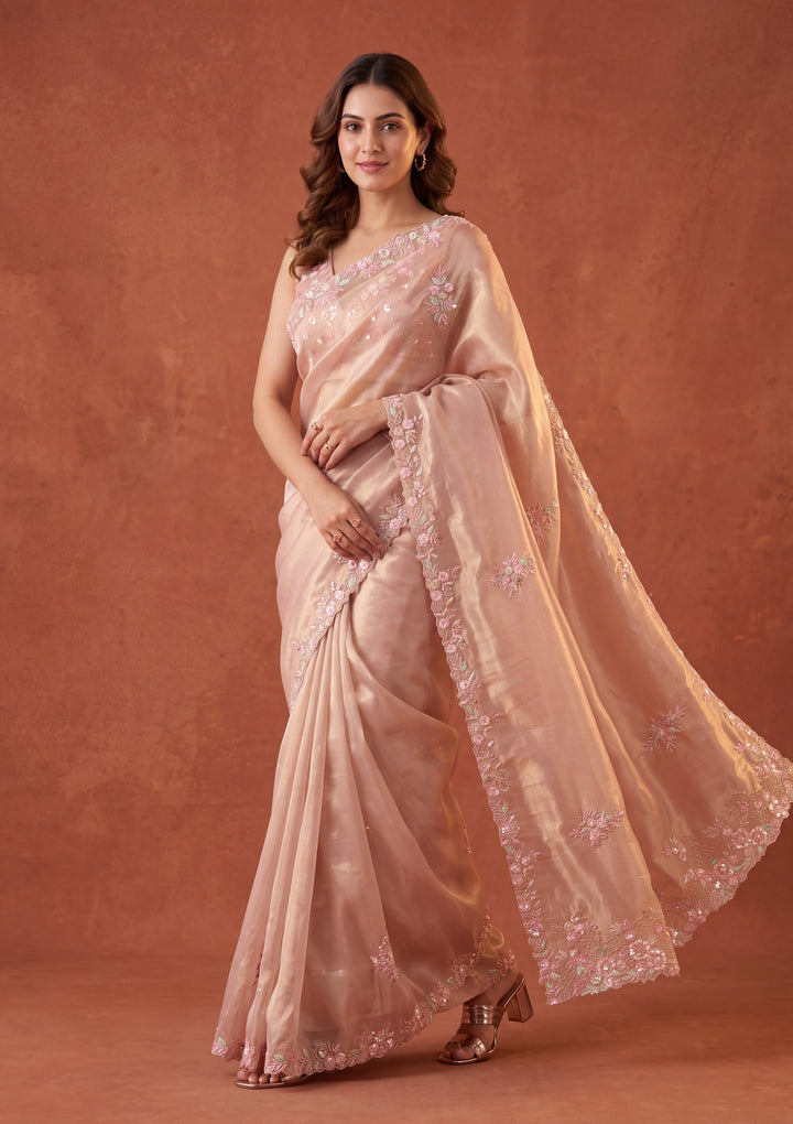 Baby Pink Tissue Aariwork Saree With Matching Blouse Piece