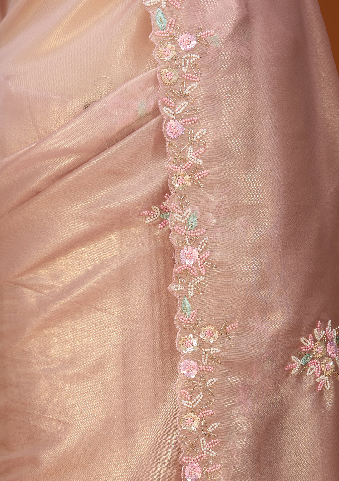 Baby Pink Tissue Aariwork Saree With Matching Blouse Piece