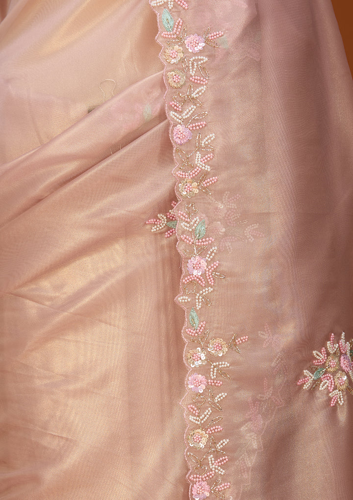 Baby Pink Tissue Aariwork Saree With Matching Blouse Piece