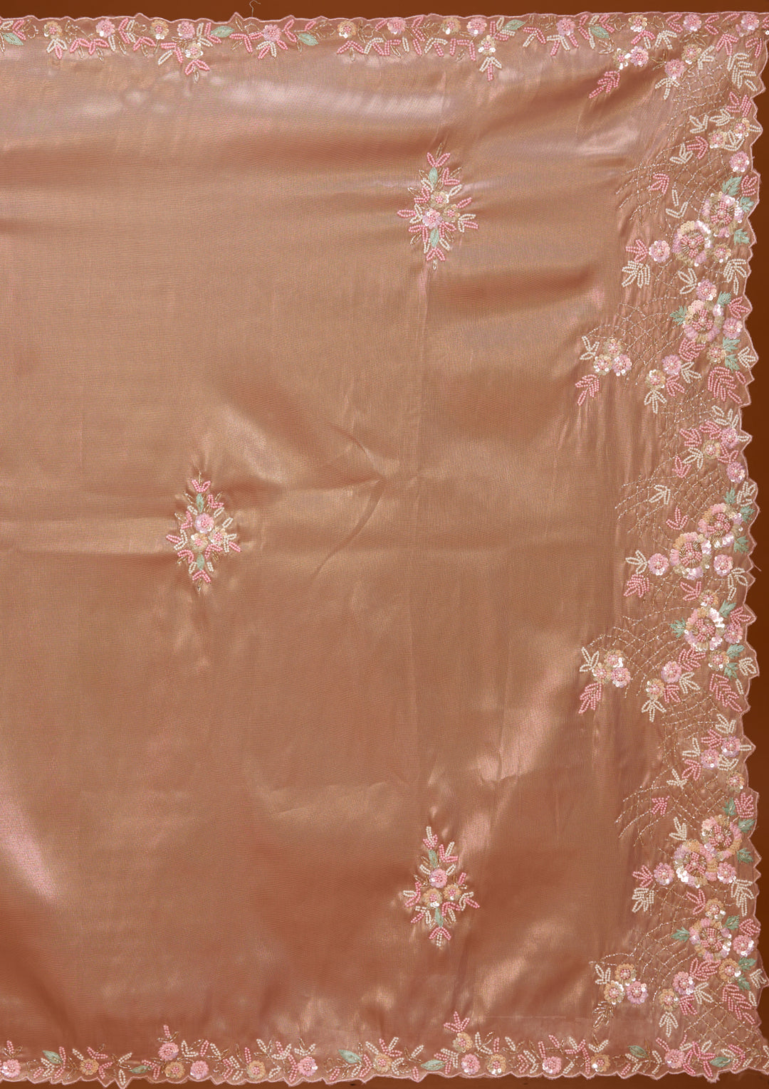 Baby Pink Tissue Aariwork Saree With Matching Blouse Piece