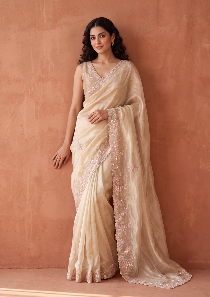 Off White Tissue Aariwork Saree With Matching Blouse Piece