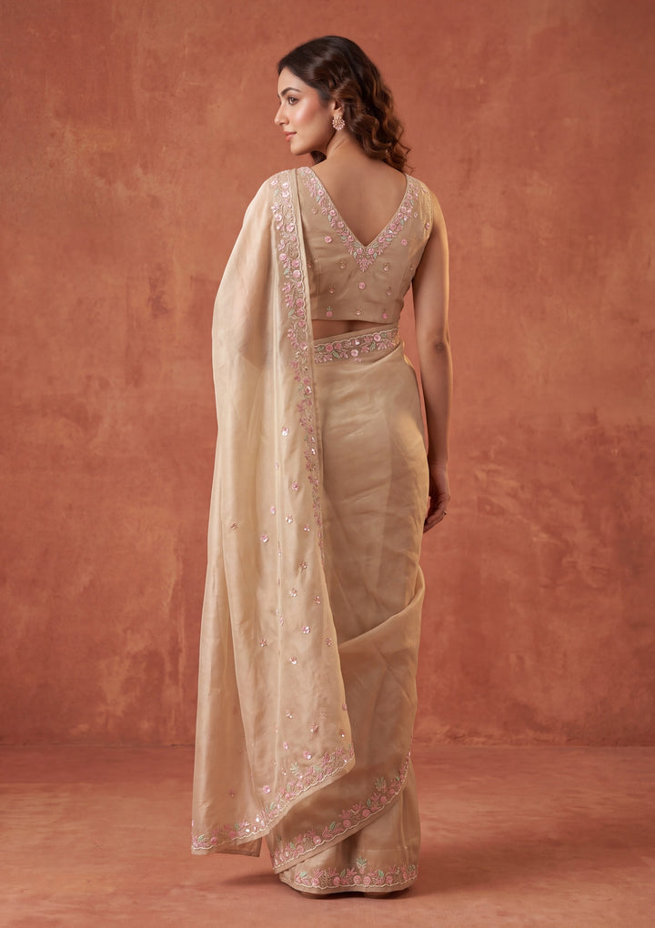 Off White Tissue Aariwork Saree With Matching Blouse Piece