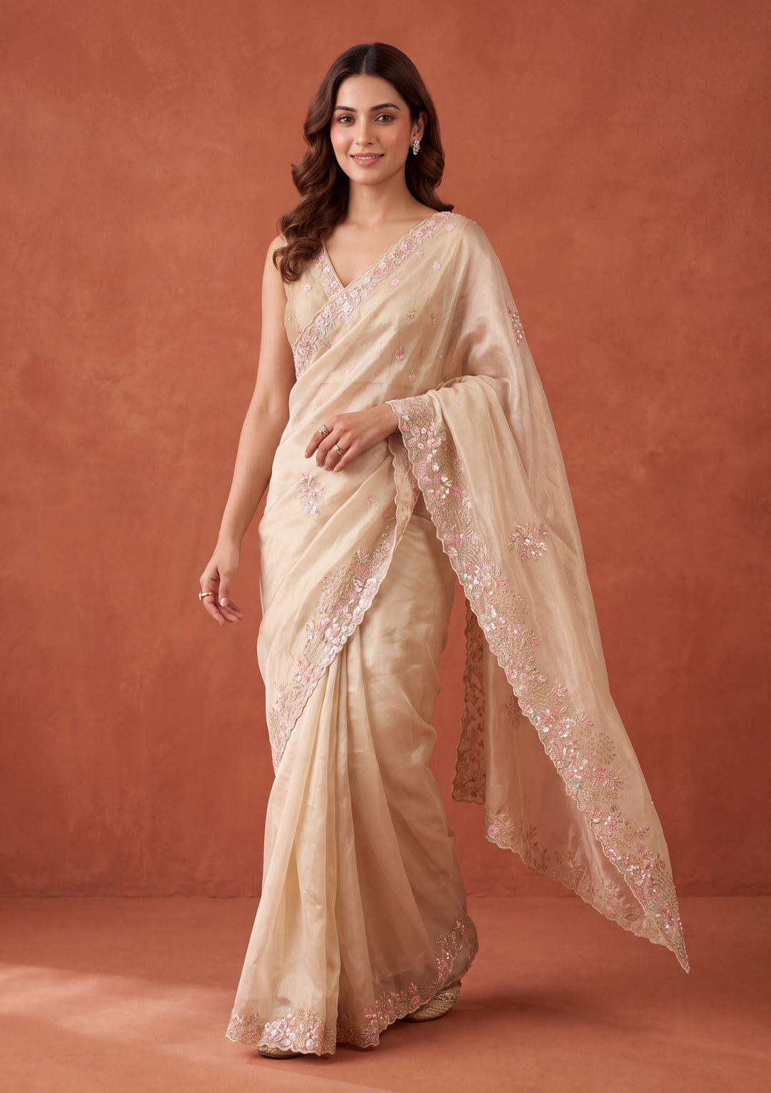 Off White Tissue Aariwork Saree With Matching Blouse Piece