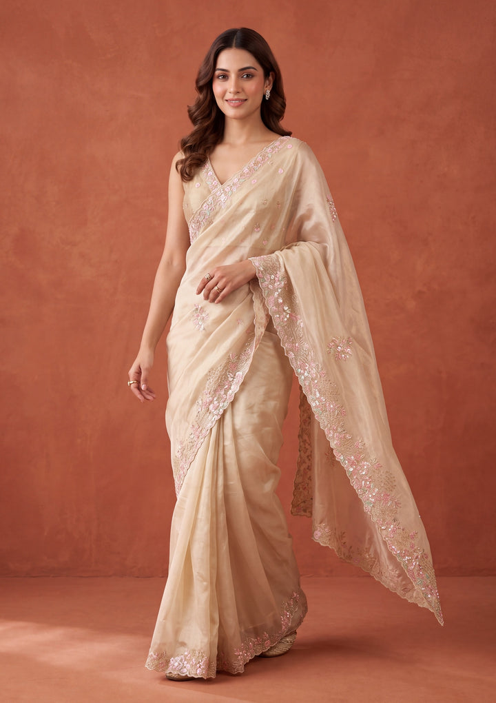 Off White Tissue Aariwork Saree With Matching Blouse Piece