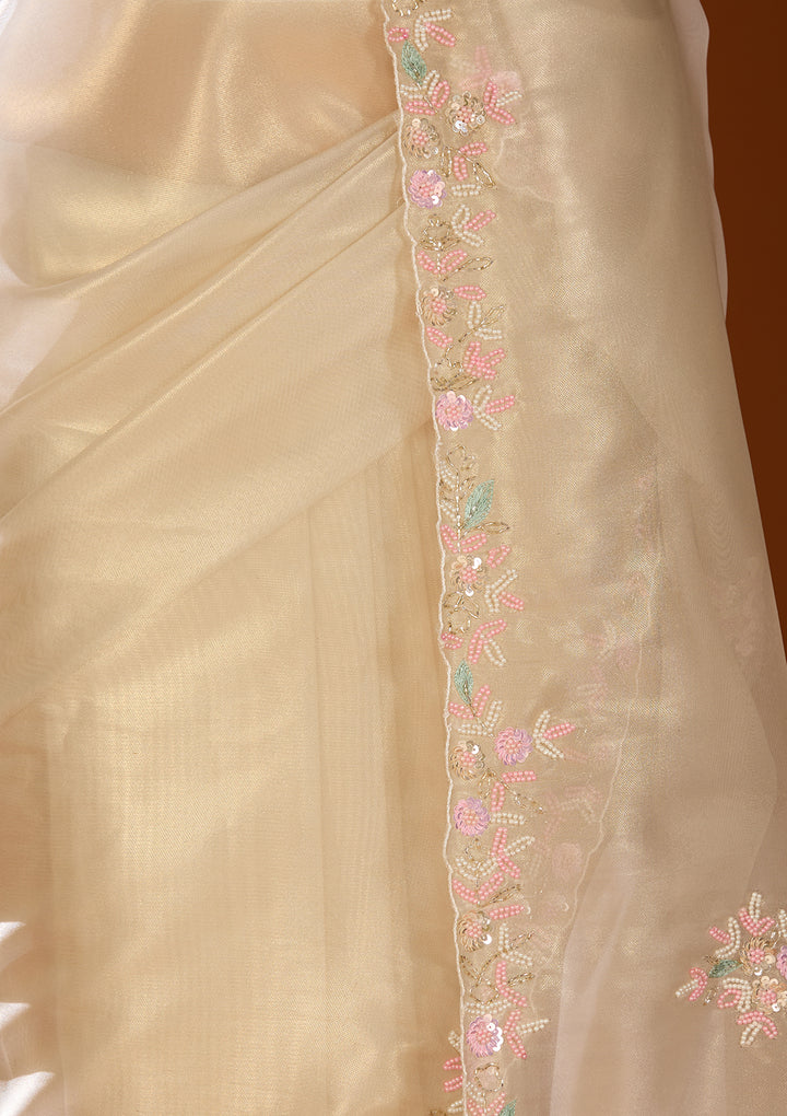 Off White Tissue Aariwork Saree With Matching Blouse Piece
