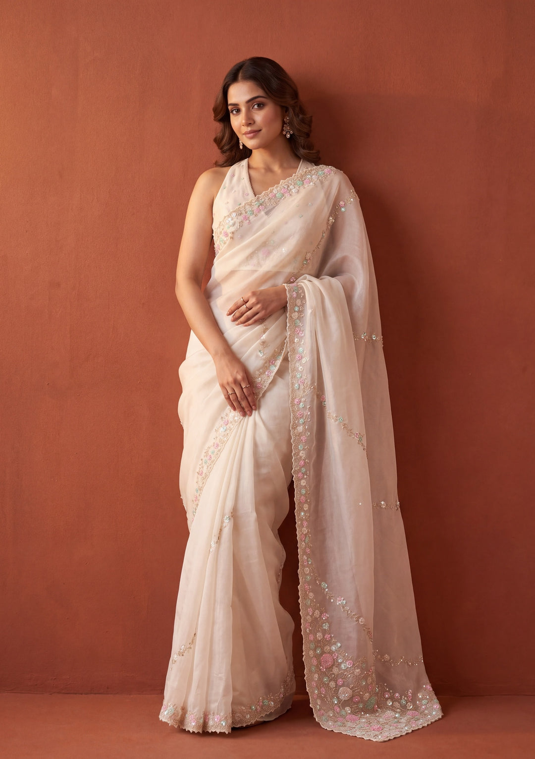 Off White Tissue Sequins Saree With Matching Blouse Piece