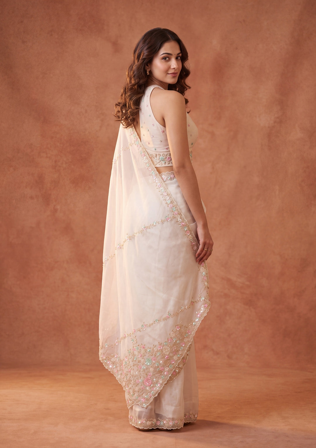 Off White Tissue Sequins Saree With Matching Blouse Piece