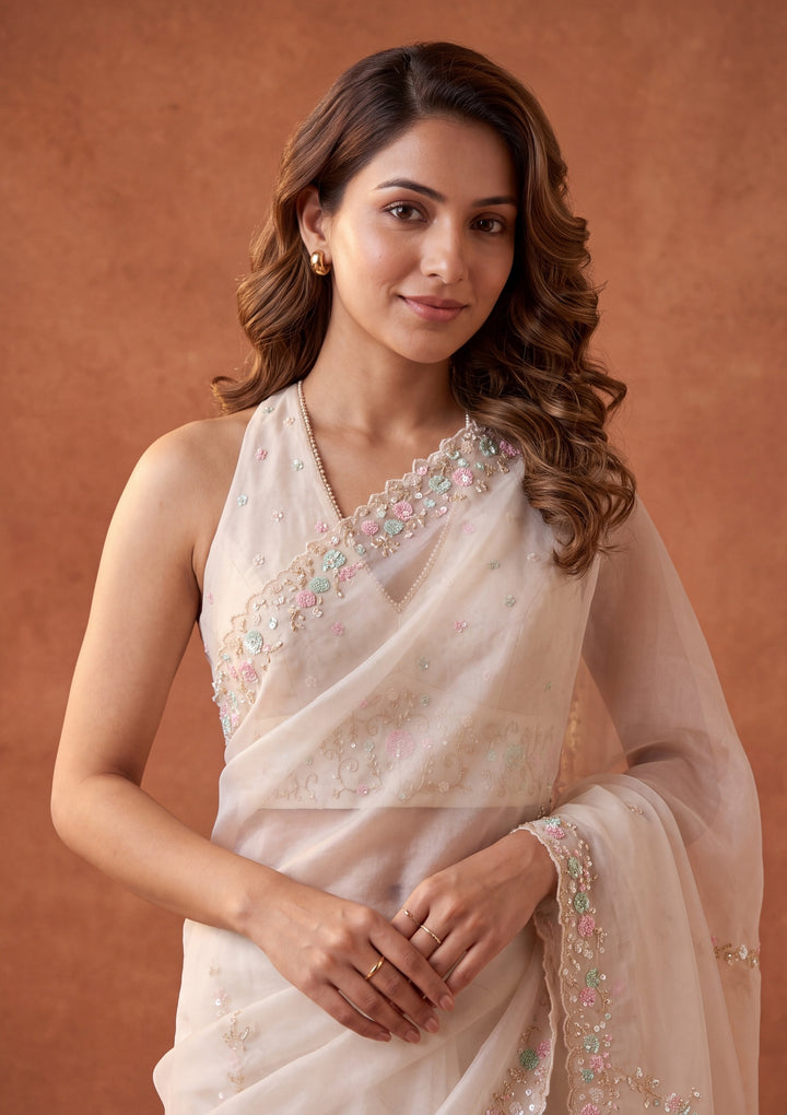 Off White Tissue Sequins Saree With Matching Blouse Piece