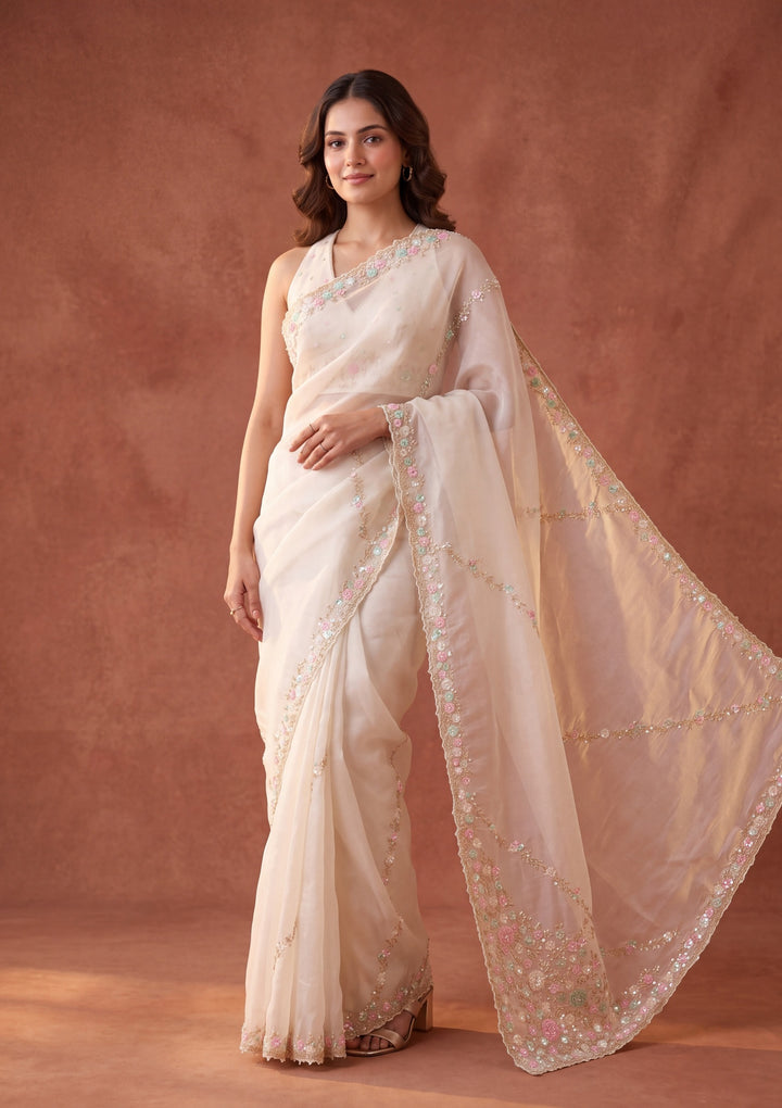 Off White Tissue Sequins Saree With Matching Blouse Piece