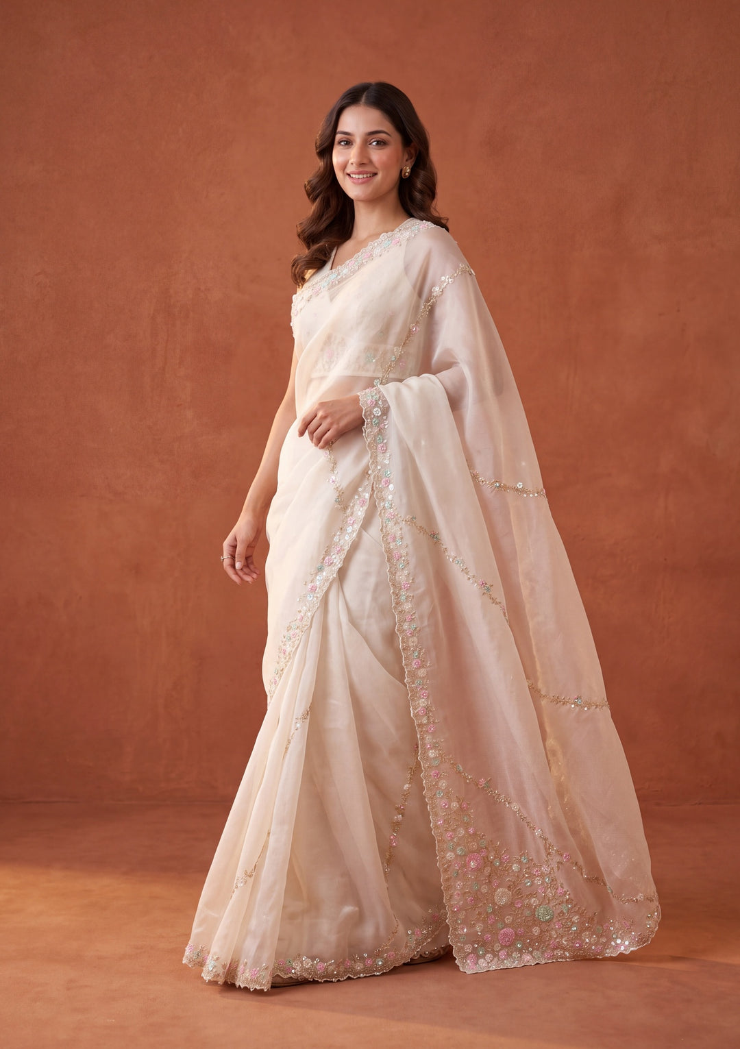 Off White Tissue Sequins Saree With Matching Blouse Piece