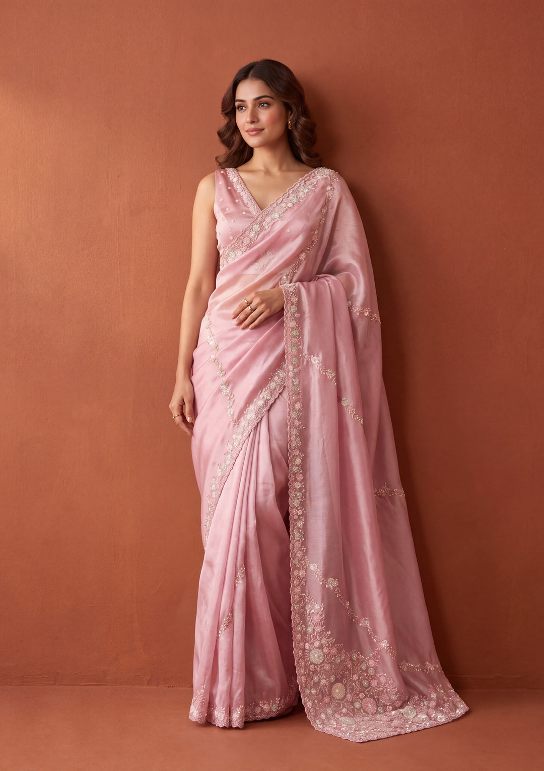 Pink Tissue Sequins Saree With Matching Blouse Piece