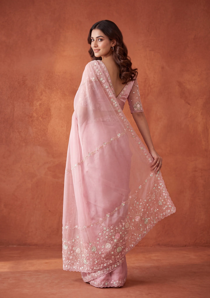 Pink Tissue Sequins Saree With Matching Blouse Piece