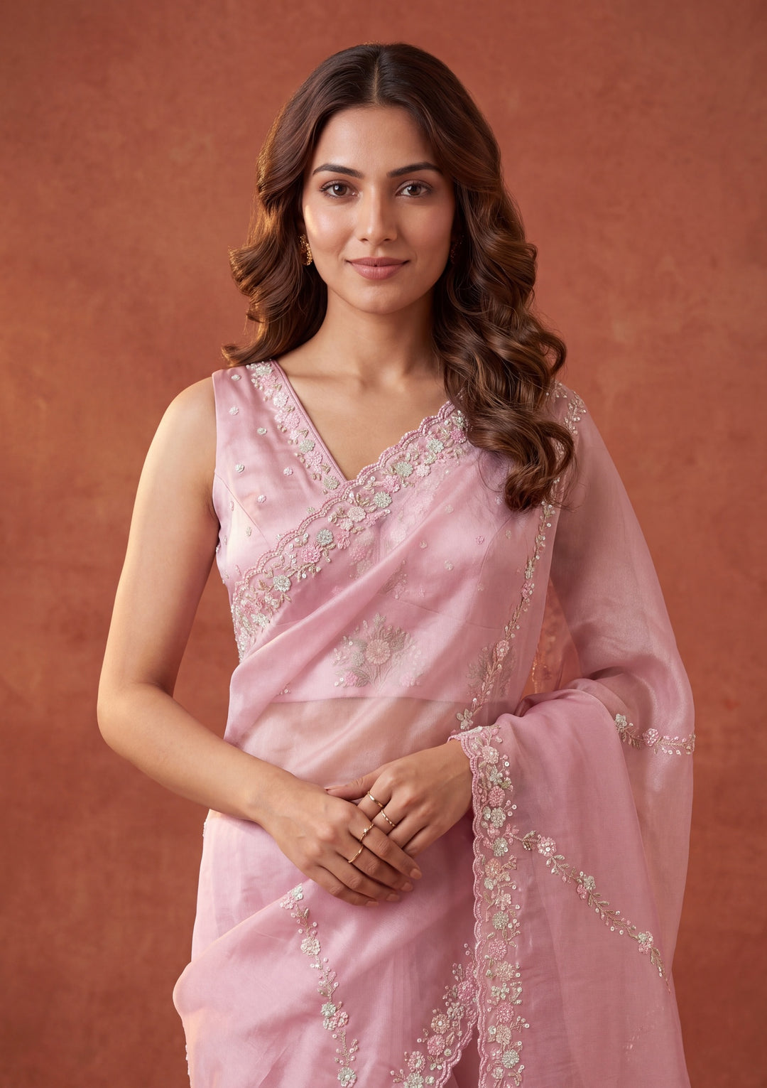 Pink Tissue Sequins Saree With Matching Blouse Piece