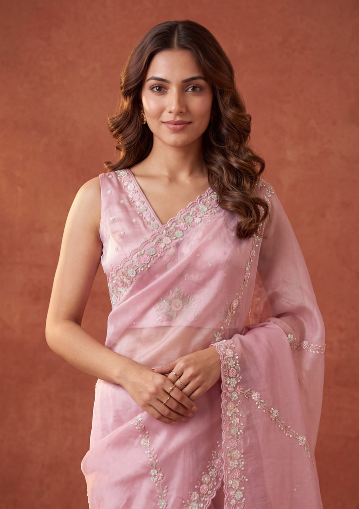 Pink Tissue Sequins Saree With Matching Blouse Piece