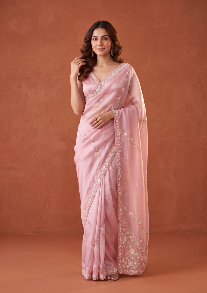 Pink Tissue Sequins Saree With Matching Blouse Piece