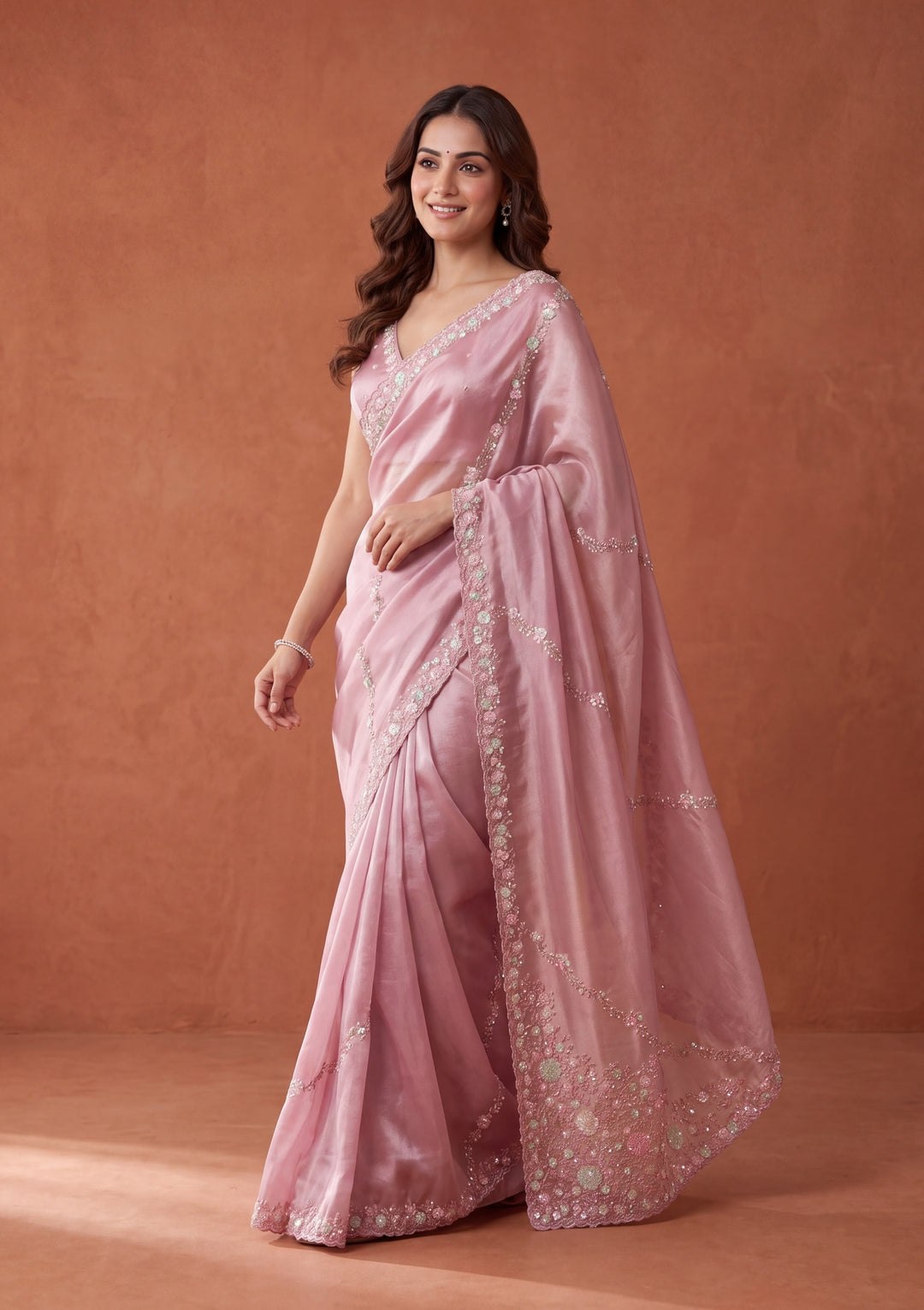 Pink Tissue Sequins Saree With Matching Blouse Piece
