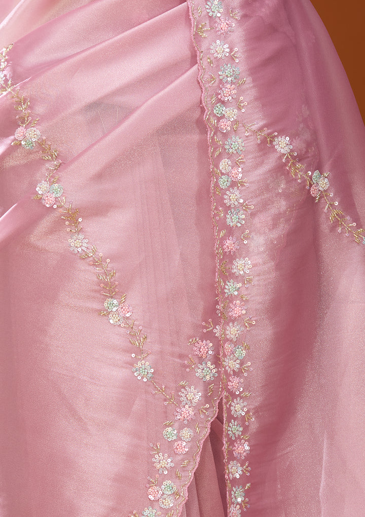 Pink Tissue Sequins Saree With Matching Blouse Piece