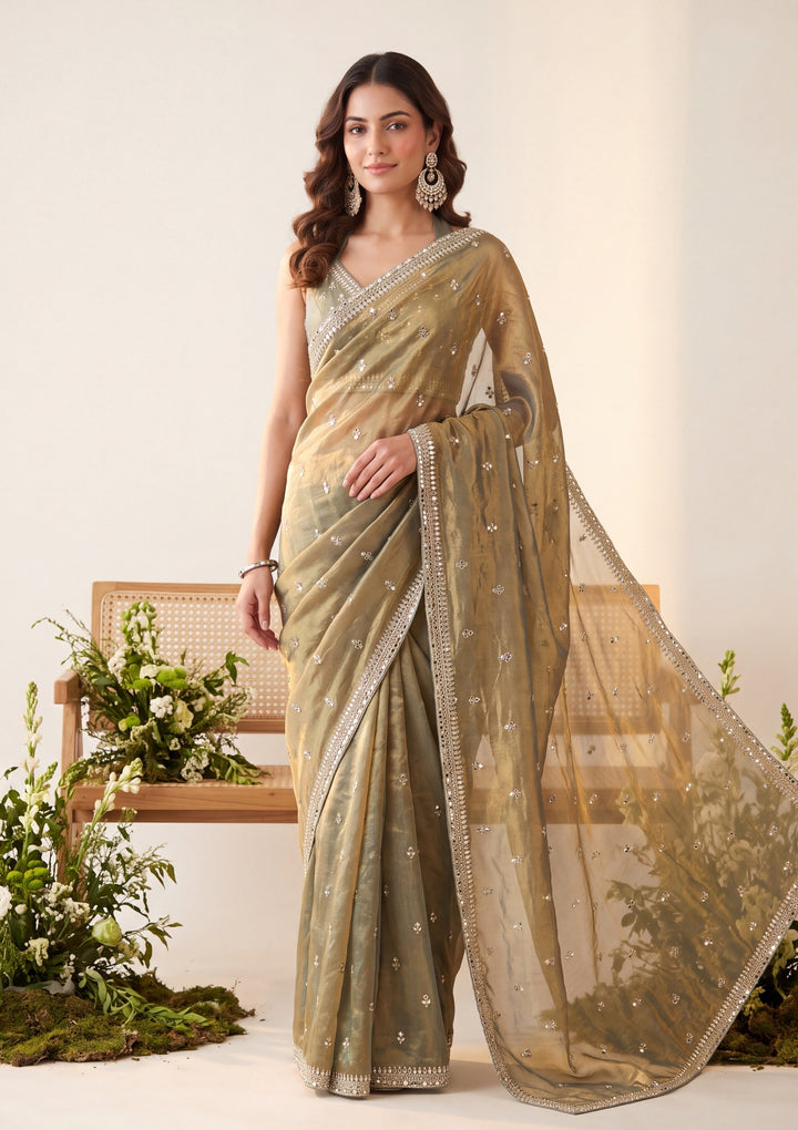Mehendi Green Tissue Mirrorwork Saree With Matching Blouse Piece