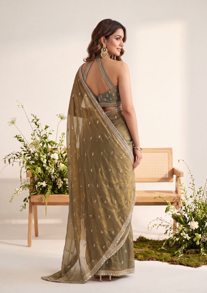 Mehendi Green Tissue Mirrorwork Saree With Matching Blouse Piece