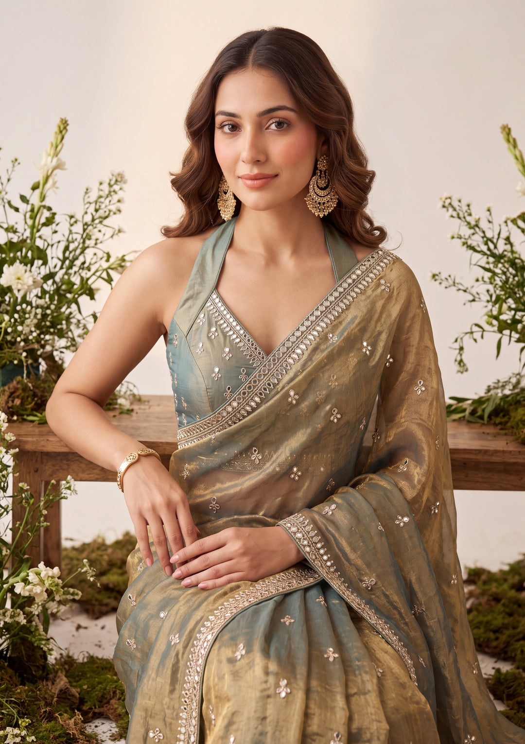 Mehendi Green Tissue Mirrorwork Saree With Matching Blouse Piece