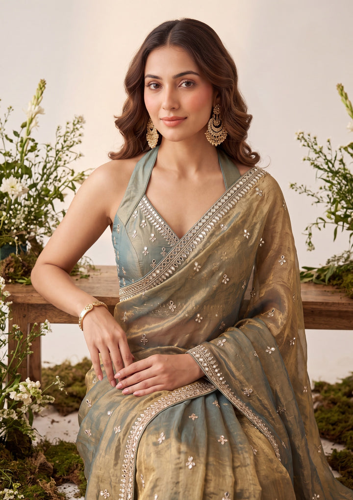 Mehendi Green Tissue Mirrorwork Saree With Matching Blouse Piece