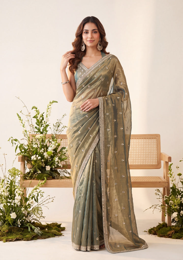 Mehendi Green Tissue Mirrorwork Saree With Matching Blouse Piece