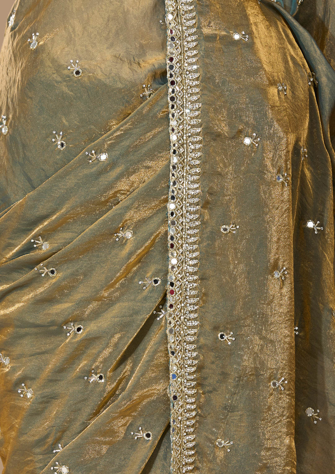 Mehendi Green Tissue Mirrorwork Saree With Matching Blouse Piece