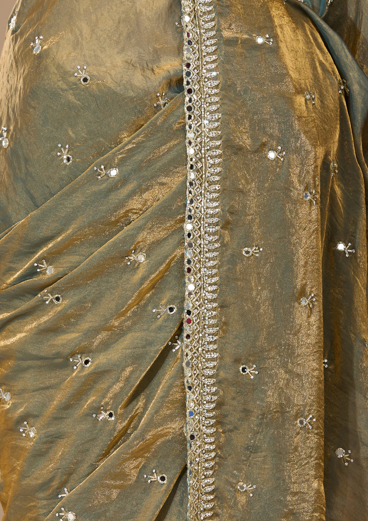 Mehendi Green Tissue Mirrorwork Saree With Matching Blouse Piece