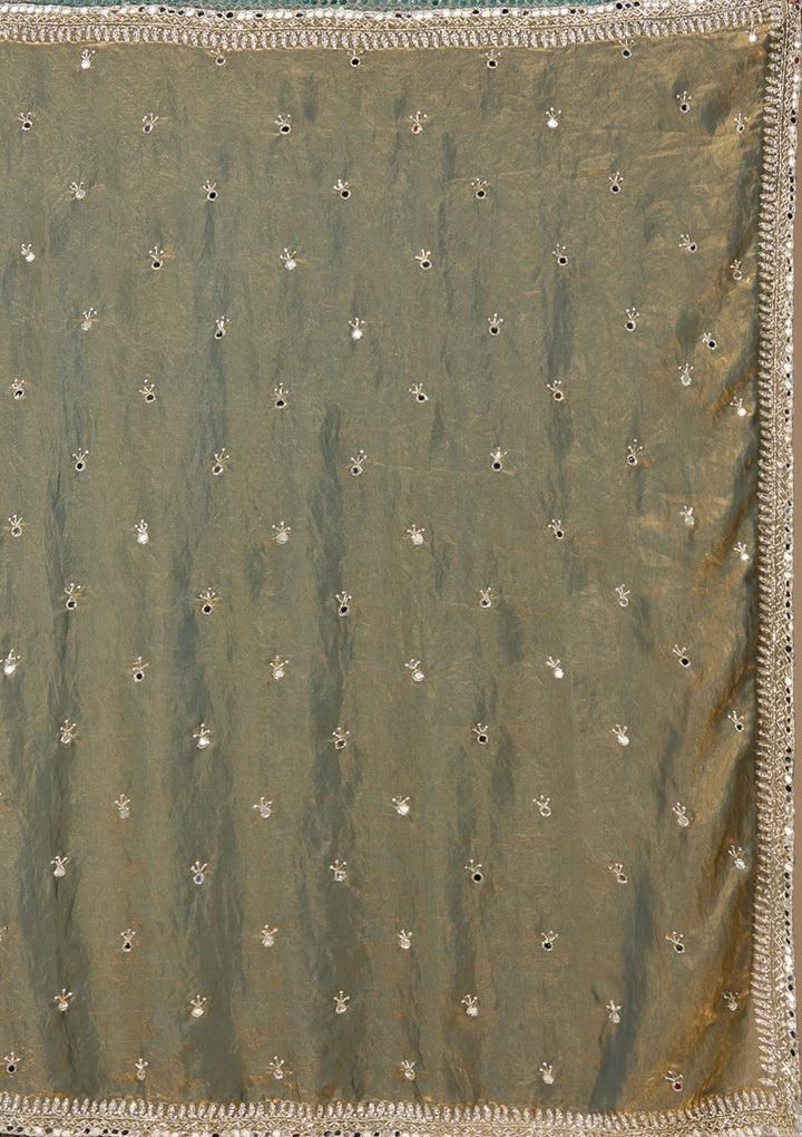 Mehendi Green Tissue Mirrorwork Saree With Matching Blouse Piece