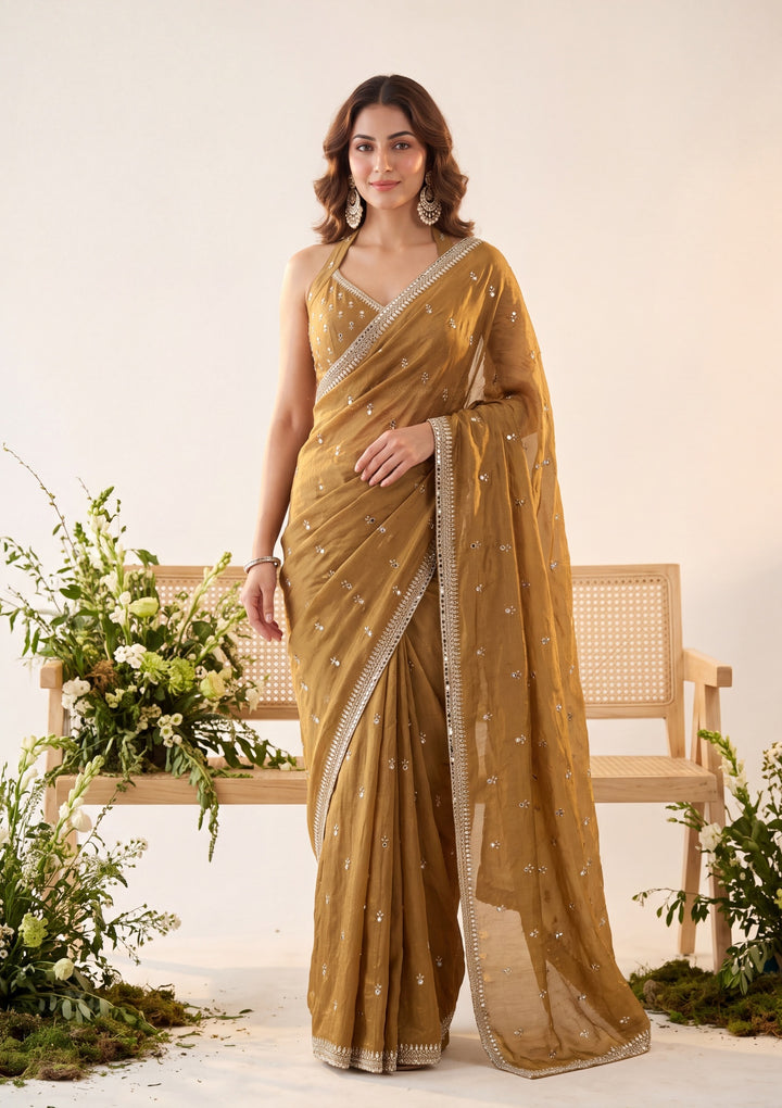 Mustard Yellow Tissue Cutdana Saree With Matching Blouse Piece