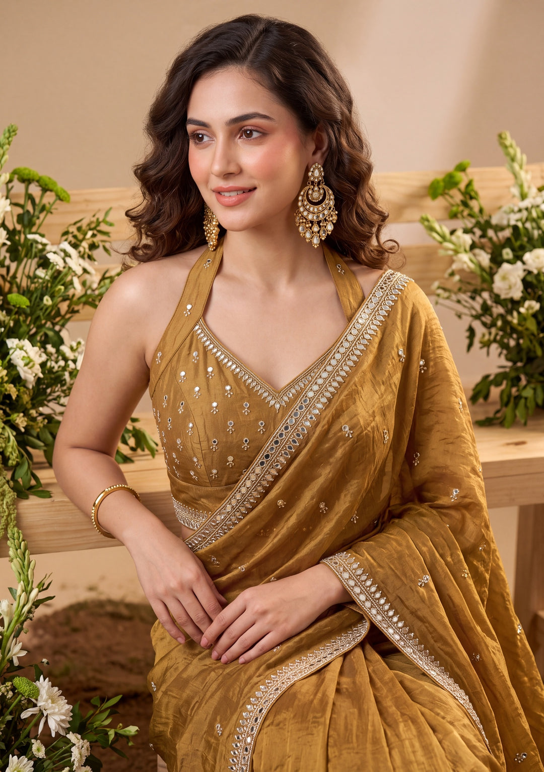 Mustard Yellow Tissue Cutdana Saree With Matching Blouse Piece