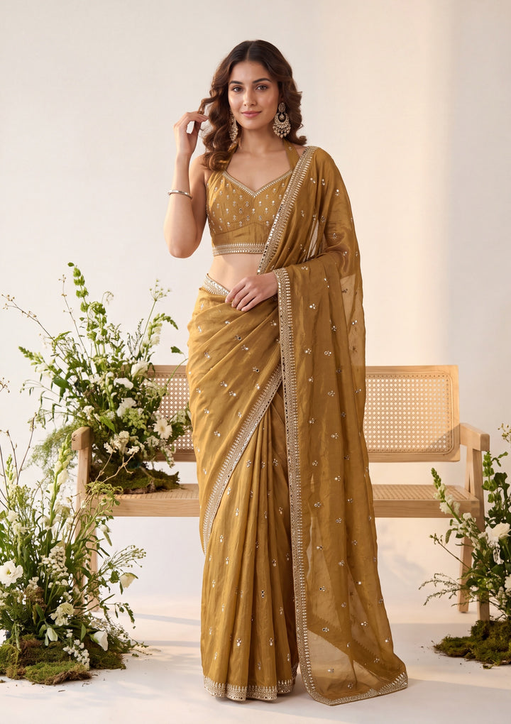 Mustard Yellow Tissue Cutdana Saree With Matching Blouse Piece