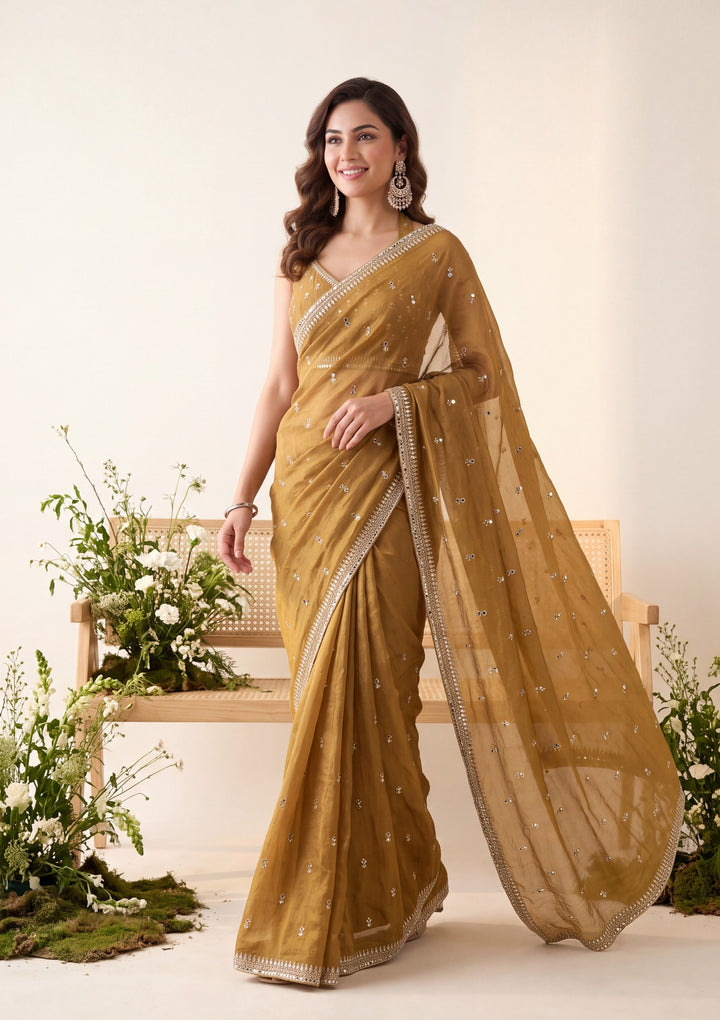 Mustard Yellow Tissue Cutdana Saree With Matching Blouse Piece