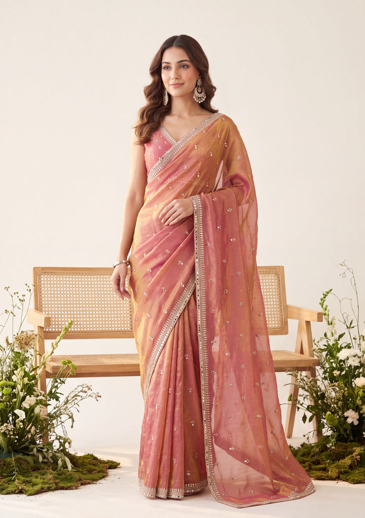 Rust Tissue Cutdana Saree With Matching Blouse Piece