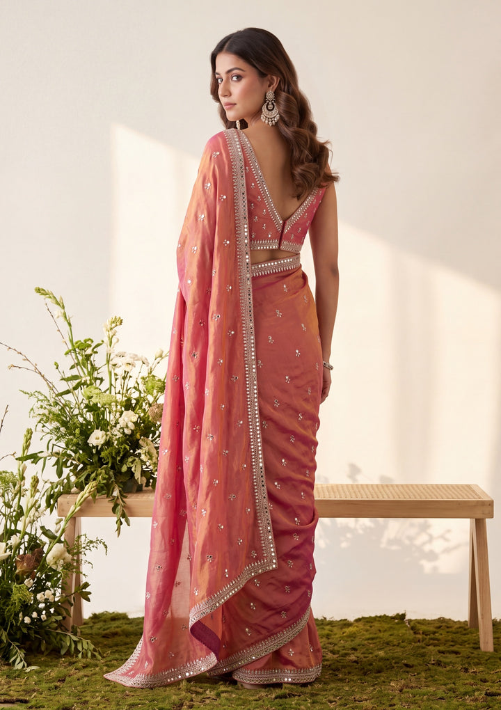 Rust Tissue Cutdana Saree With Matching Blouse Piece